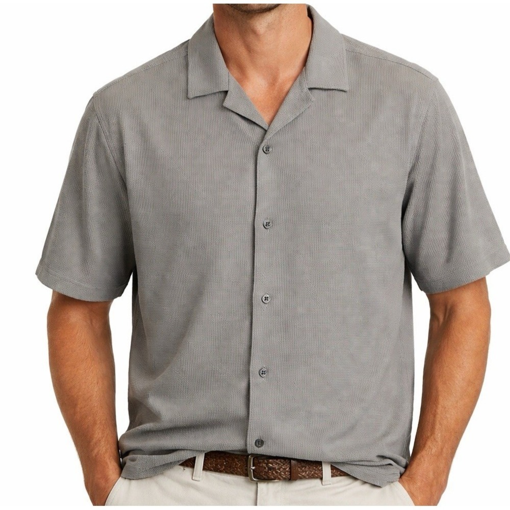 SAINTS Studio Men's Medium Grey Textured Short Sleeve Button Up Open Collar